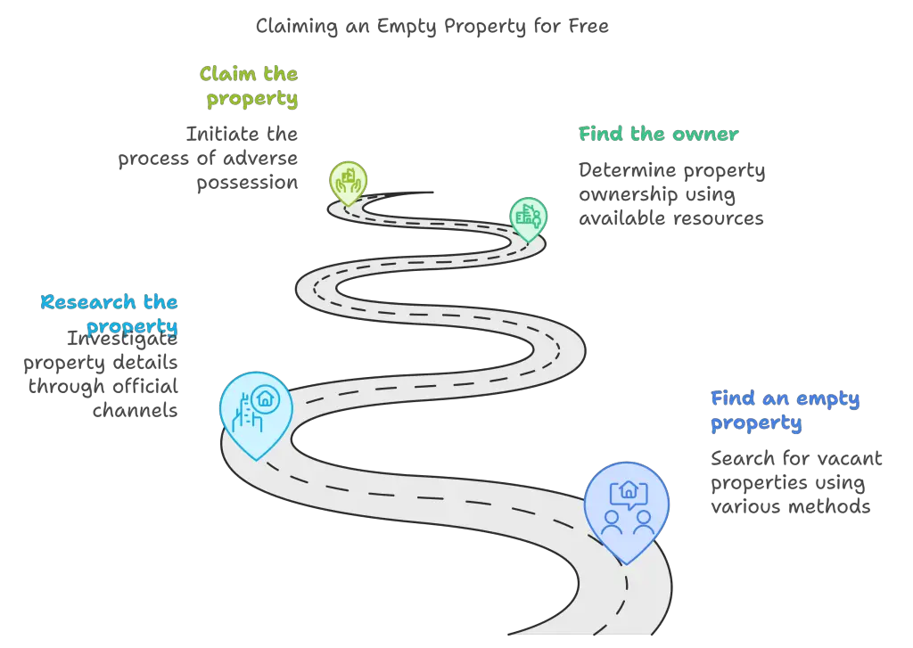 Flowchart illustrating steps to claim an empty property: research, find an empty property, find owner, and claim the property. Each step includes a brief description and icon.