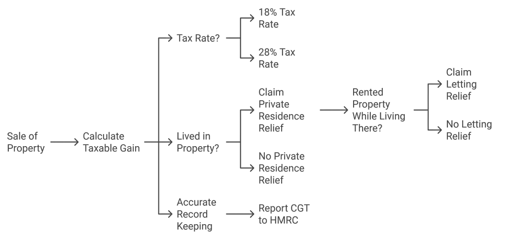 Flowchart for calculating taxable gain on selling property: asks about tax rate, property residency, and if it was tenanted, to determine claim type and reporting to HMRC regarding Capital Gains Tax.