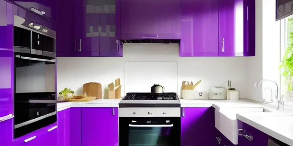 A modern kitchen showcasing trendy vibrant purple cabinets, a sleek white countertop, and state of the art appliances. The built in oven and black stove complete this stylish kitchen design, while natural light pours through a large window.