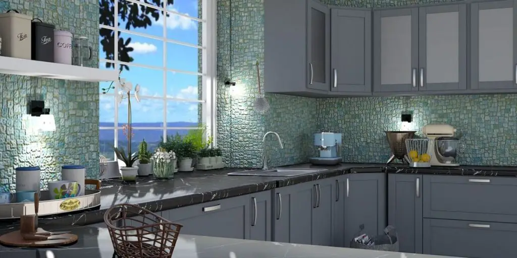 Experience the epitome of modern kitchen design with sleek gray cabinets, elegant black marble countertops, and a stunning mosaic backsplash. This kitchen is complete with top notch appliances and lush potted plants, all while offering a breathtaking ocean view through the window.